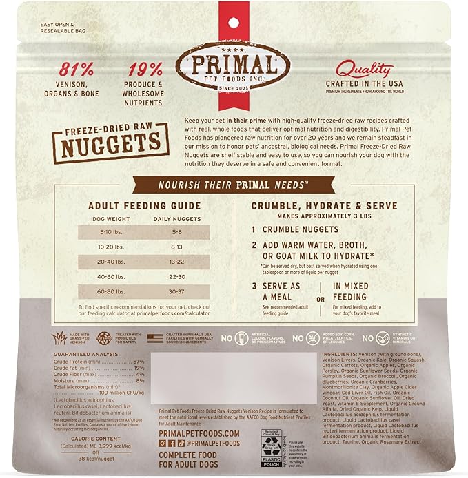 Primal Freeze Dried Raw Dog Food Nuggets, Venison, Complete &amp; Balanced Meal, Also Use as Topper or Treat, Premium, Healthy, Grain Free, High Protein Raw Dog Food, 14 oz