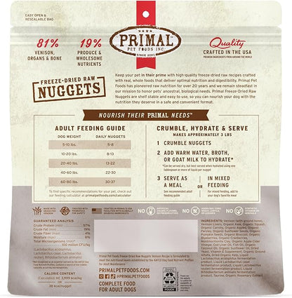 Primal Freeze Dried Raw Dog Food Nuggets, Venison, Complete &amp; Balanced Meal, Also Use as Topper or Treat, Premium, Healthy, Grain Free, High Protein Raw Dog Food, 14 oz