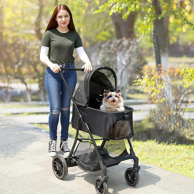 Pet Stroller for Small/Medium Dogs &amp; Cats up to 55 lbs, Upgraded 4 Wheels Dog Stroller for Large Dogs, 3-in-1 Foldable Portable Travel Carrier for 2 Cats with Storage Basket and Cupholder