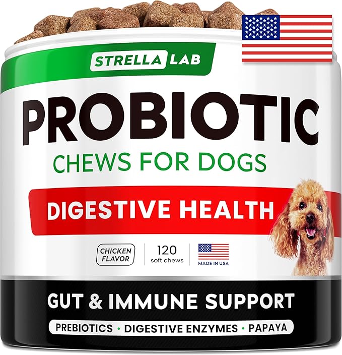 STRELLALAB Pet Probiotics for Dogs &amp; Digestive Enzymes + Digestion &amp; Gut Health Treats, Dog Probiotics Chews, Fiber Supplement, Anti Diarrhea, Constipation, Upset Stomach&amp;Gas Relief, Canine Prebiotic