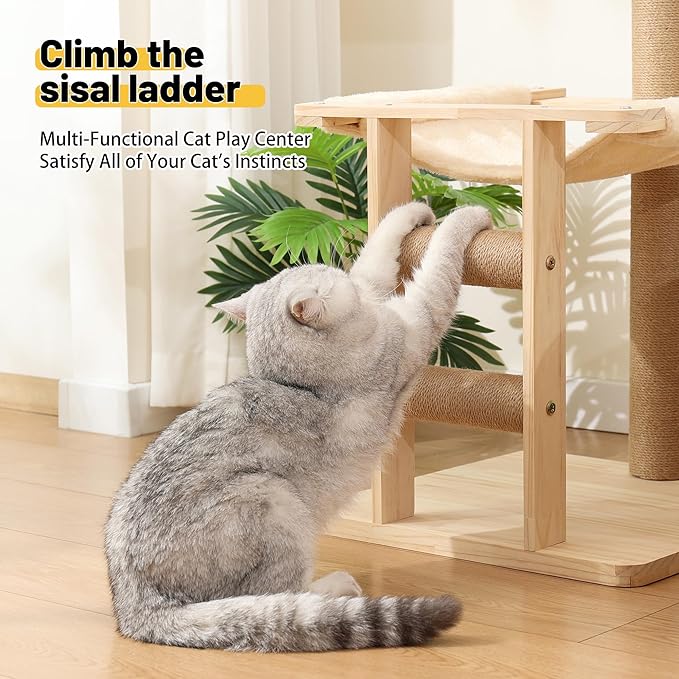 KVIDA Extra-Sturdy Wooden Cat Tree for Large Cats – Modern 3-Level Tower with Hammock, Anti-Tip Sisal Posts &amp; Oversized Perch, Ideal for Indoor Big Cats &amp; Multi-Cat Homes