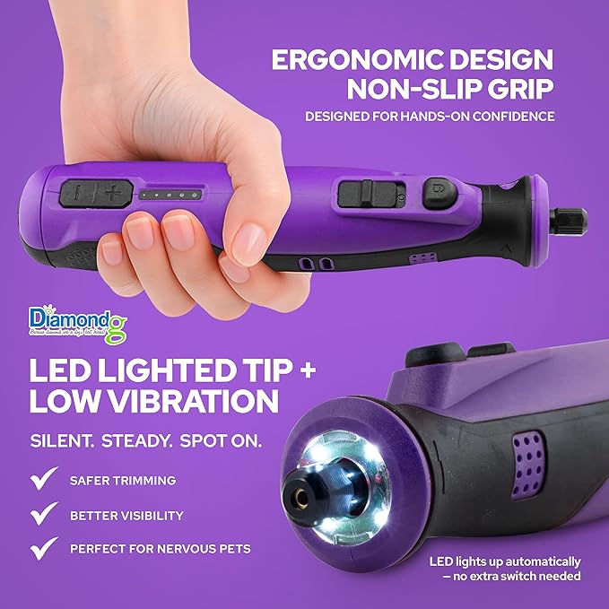Diamondg Cordless Dog Nail Grinder with Quiet Sound &amp; LED Tip for Large &amp; Small Dogs, 4hrs. Runtime, 2 Bits Included, Purple
