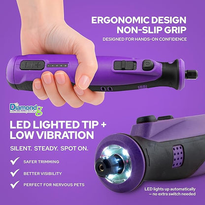 Diamondg Cordless Dog Nail Grinder with Quiet Sound &amp; LED Tip for Large &amp; Small Dogs, 4hrs. Runtime, 2 Bits Included, Purple