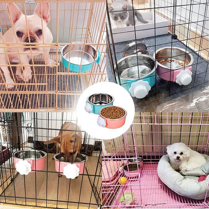HERCOCCI Dog Crate Bowl, Removable Stainless Steel Pet Kennel Cage Hanging Food Bowls and Water Feeder Coop Cup Prevent Overflow for Puppy, Medium Dog, Cat, Rabbit, Ferret (3PCS)