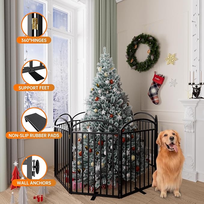 8 Panles Full Matel Freestanding Dog Gates with Door, 192"Extra Wide 32"Tall Free Standing Dog Pet Gate for Indoor &amp; Outdoor. Foldable Pet Fences for Doorways, House, Stairs, Porch, Deck, Yard