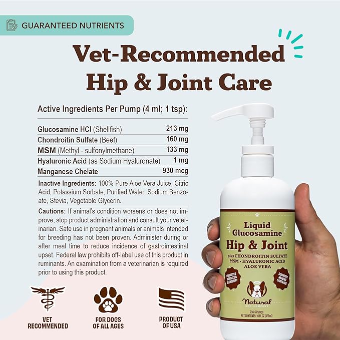 Natural Dog Company Liquid Glucosamine for Dogs, Hip &amp; Joint Oil, Extra Strength Cartilage, Joint Supplement for Dogs, Helps Mobility, Eases Occasional Stiffness, Glucosamine Chondroitin, 32 oz.