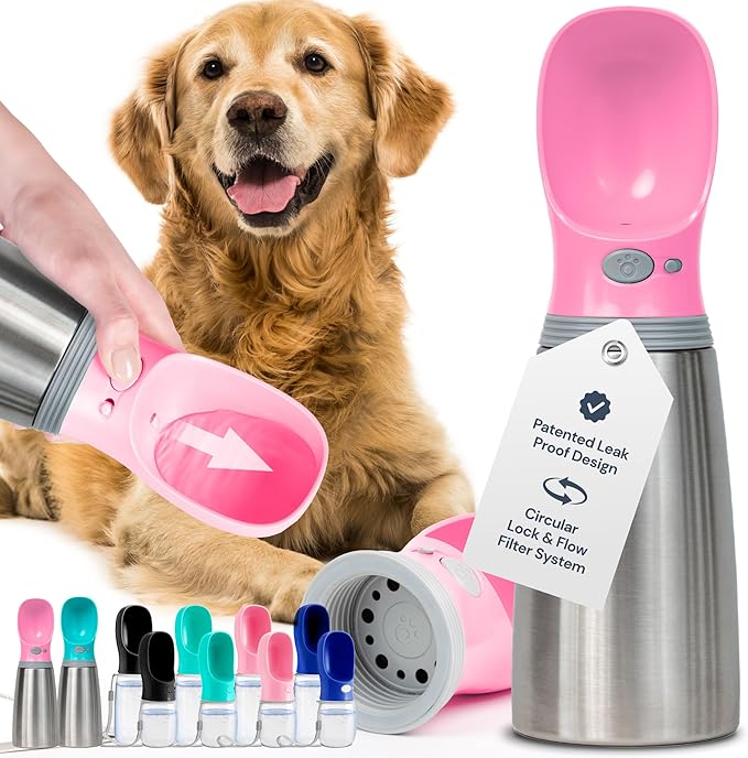 MalsiPree Insulated Dog Water Bottle - 24 Oz, Pink - Leak-Proof Stainless Steel Portable Travel Dispenser &amp; Bowl