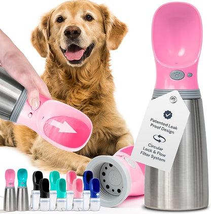 MalsiPree Insulated Dog Water Bottle - 24 Oz, Pink - Leak-Proof Stainless Steel Portable Travel Dispenser &amp; Bowl