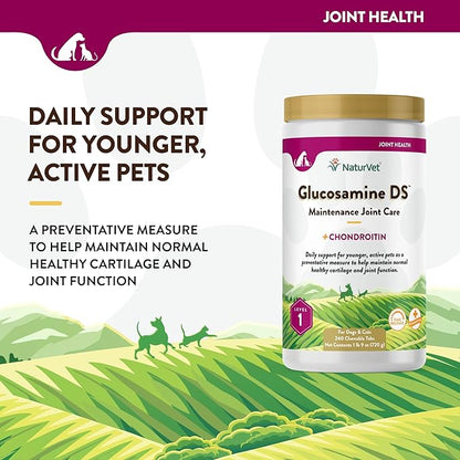 NaturVet – Glucosamine DS - Level 1 Maintenance Care | Preventative Care to Maintain Healthy Cartilage &amp; Joint Function | Enhanced with Glucosamine &amp; Chondroitin | for Dogs &amp; Cats (240 Tablets)