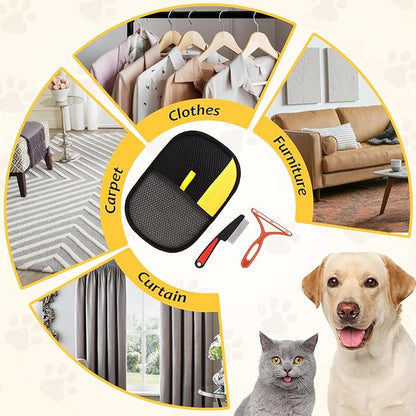 3 Pcs Pet Hair Removal Glove Set, Reusable Electrostatic Pet Hair Remover with Hair Remover Brush and Pet Comb, Upgrade Efficient Cats&amp;Dogs Grooming Gloves for Clothes Furniture Carpet Seat