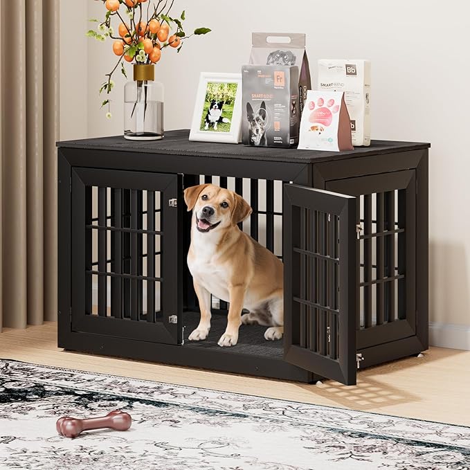 42" Heavy Duty Dog Crate Furniture for Small,Medium and Large Dogs,Rustic Wooden Dog Cage Kennel Indoor Furniture with Waterproof Top,Decorative Pet House Side End Table (Black &amp; Grey)