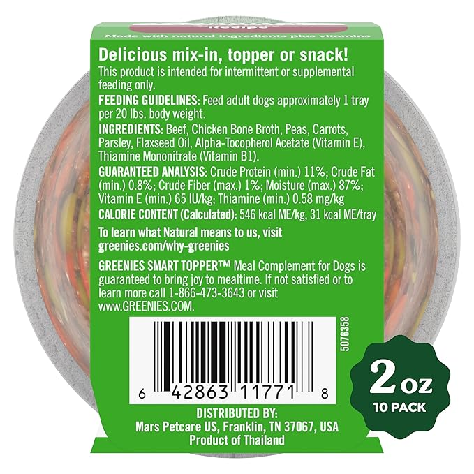 Greenies Smart Topper High Protein Wet Mix-in for Dogs, Beef, Peas &amp; Carrots Recipe in Vitabroth Broth - Bone Broth + Vitamins E &amp; B1, 10 Count
