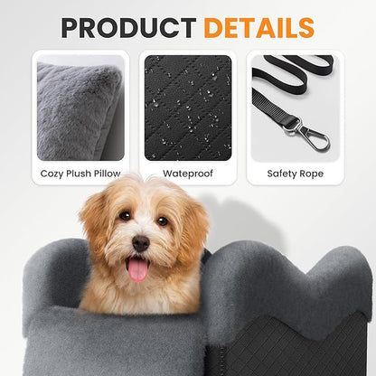 Portable Small Dog Seat for Car(Up to 11LB),Luxury Center Console Dog Car Seat Booster with Safety Tethers,Auti-Collapse Pet Travel Carrier for SUV,Truck.(Black/Grey)