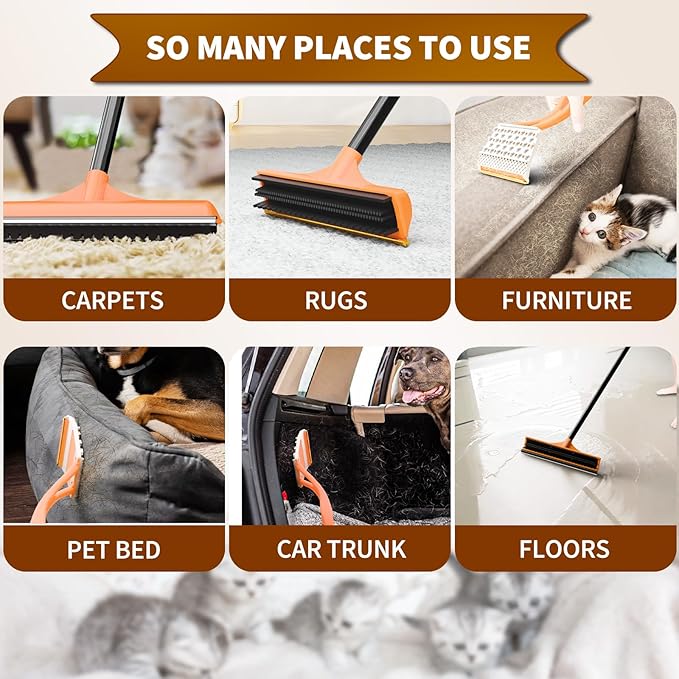 3 in 1 Carpet rake Kit for Pet Hair Removal Tool - Reusable Pet Hair Remover broom w 58"Adjustable Long Handle, Dog &amp; Cat Carpet Scraper, Pet Hair Remover for Rugs, Mats, Couch, Curtains(Orange)