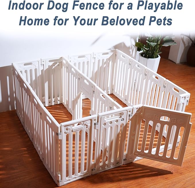 2 Room Dog Playpen with Door,DIY Shape Combination Puppy Pen,16-Panel+2 Link Piece+Large Door+Small Door,25.5" H Dog Fence,Non-Slip&amp;Secure Pet Gate,Easy to Assemble (Two Rooms)