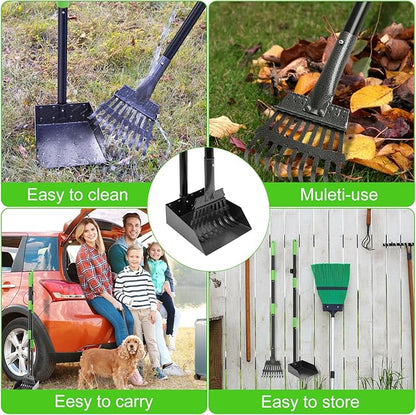 Non-Breakable Pooper Scooper, Dog Pooper Scooper Tray &amp; Rake Set with Adjustable Stainless Steel Long Handle for Large Medium Small Dogs (Green)