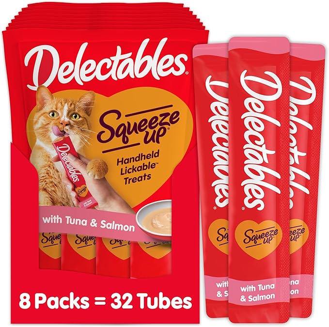 Hartz Delectables Squeeze Up Interactive Lickable Wet Cat Treats for Adult &amp; Senior Cats, Tuna &amp; Salmon, 4 Count(Pack of 8)