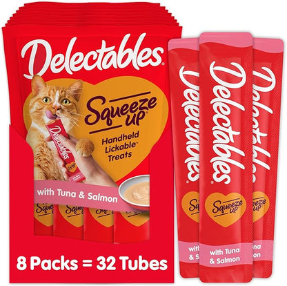 Hartz Delectables Squeeze Up Interactive Lickable Wet Cat Treats for Adult &amp; Senior Cats, Tuna &amp; Salmon, 4 Count(Pack of 8)