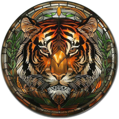 Lygond Metal Sign Tin Sign Circular Stained Glass Tigle Minimalist Wall Art for Home Decor 8×8 Inches