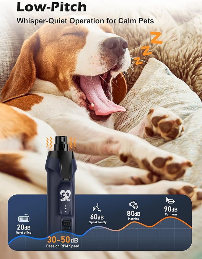Casfuy 6-Speed Dog Nail Grinder – 50%+ Boost Power Dog Nail Trimmers Quiet with Dust Cap &amp; 2 LED Lights &amp; 2000mAh Battery &amp; 4.8V Motor Electric Pet Toenail File Tool for Large Medium Small Dogs Cats