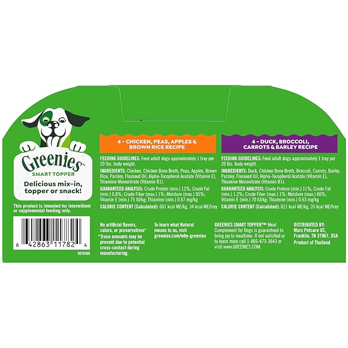 Greenies Smart Topper High Protein Wet Mix-in for Dogs, Chicken, Peas, Apples, and Brown Rice Recipe &amp; Duck, Broccoli, Carrots and Barley Recipe Variety Pack with Whole Grains, 8 Trays of 2oz.