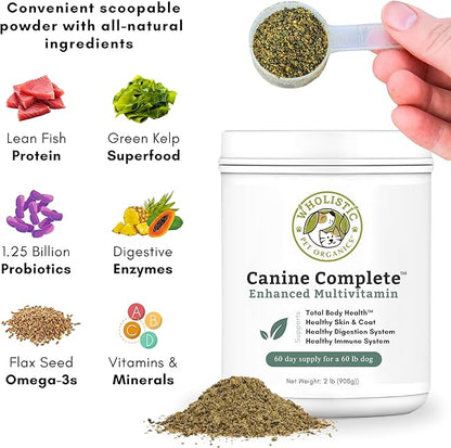 Wholistic Pet Organics Canine Complete - Dog Multivitamin Powder - 2 Lb - Daily Dog Vitamins and Supplements for Homemade Food - Immune System, Skin, Coat &amp; Overall Health - Small and Large Breed