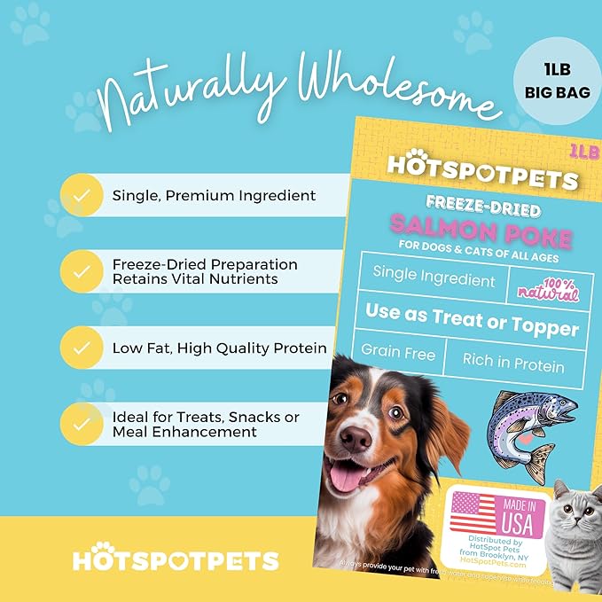 hotspot pets Freeze Dried Salmon Treats for Cats &amp; Dogs -Made in USA-1LB Resealable Big Bag -Single Ingredient, High Protein, All Natural Grain-Free- Perfect for Training, Topper or Snack