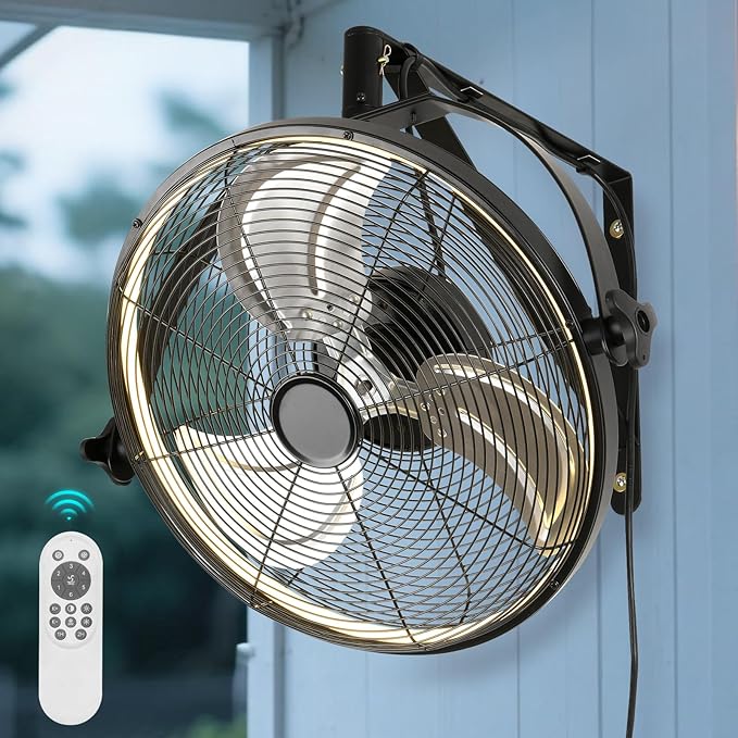 20 inch Wall Mount Fan with Lights and Remote,6-Speed Gazebo Ceiling Fan Adjustable Tilt Dimmable Wall Fan,High Velocity Industrial Outdoor Fans for Patio,Garage,Commercial,Black