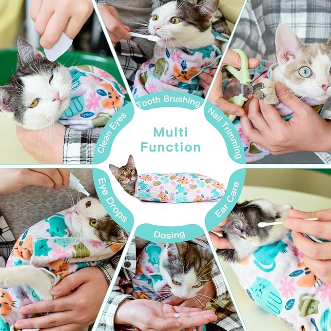 21.7" Cat Grooming Wrap, Cat Wrap for Cutting Nails, Self-Adherent Fabric Wrap for Cats, Cat Burrito Wrap Anti-Scratch, Anti-Escape, Multifunctional Swaddle Wrap Pet Tool (Green Kitten, Large)