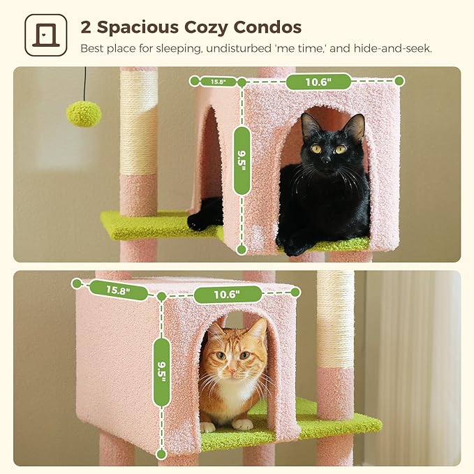 Flower Cat Tree, 62-Inch Large Cat Tower for Multi-Cat Households w/Scratching Posts, Multi-Level Cat Condo w/Cozy Top Perch &amp; Scratching Pad, Padded Platform, 2 Pompoms, Pink