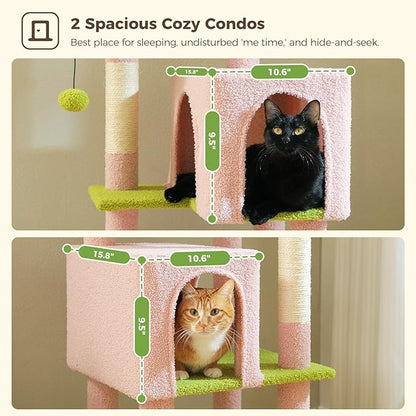 Flower Cat Tree, 62-Inch Tall Multi-Level Cat Tower with Scratching Posts for Large Indoor Cats, Plush Bed w/Padded Perches, Scratching Pad &amp; 2 Green Pompoms, Pink