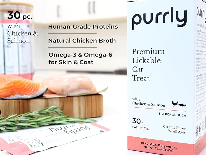 Purrly Hydrating Wet Cat Treat Snack Topper Creamy Purée Human-Grade Chicken Breast &amp; Salmon with Omega-3 &amp; 6 for Skin &amp; Coat (30 Count) Healthy Lickable Squeeze Soft Snack