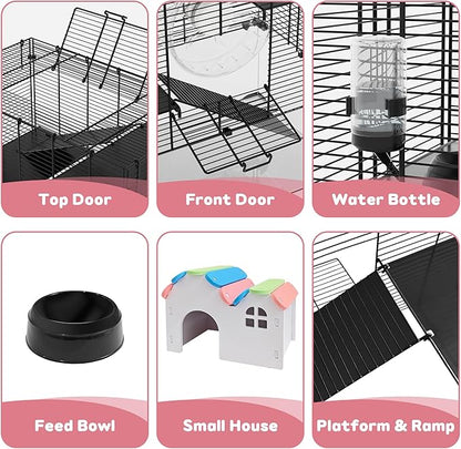 3-Tier Glass Hamster Tank, Large Hamster Cage Habitat with 11inch Big Running Wheel for Rat, Mouse, Gerbil, Syrian Hamster, 370 SQ INCHES