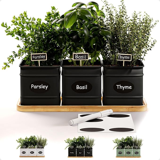 Herb Planter Indoor - 3 Iron Herb Pots with Drainage Holes, Varnished Bamboo Tray, Customizable Labels &amp; Marker Pen - Indoor Herb Garden Planter - 3 Pots for Herbs - Inside Spice Garden - Basil Pot