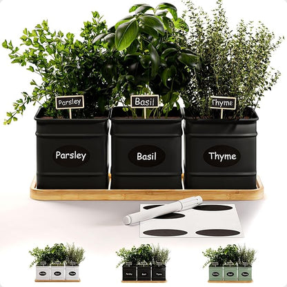 Herb Planter Indoor - 3 Iron Herb Pots with Drainage Holes, Varnished Bamboo Tray, Customizable Labels &amp; Marker Pen - Indoor Herb Garden Planter - 3 Pots for Herbs - Inside Spice Garden - Basil Pot