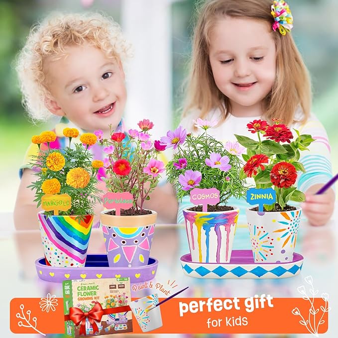 4 Set Paint &amp; Plant Flower Gardening Kit - Gifts for Girls Ages 8-12, Arts and Crafts for Kids Ages 8-12, Kids Gardening Set, Birthday Toys Gifts for Girls Boys Ages 6 7 8 9 10 11 12