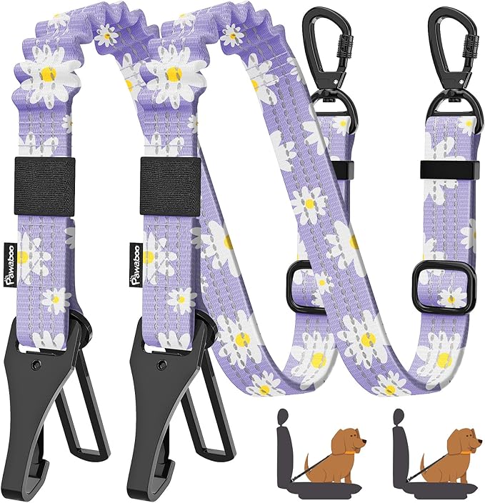 Pawaboo 2Pack Dog Seatbelt for Car, 3-in-1 Dog Car Seat Belt Bungee, Dogs Tether for Cars with Buckle &amp; Hook Latch, Adjustable Reflective Dogs Cars Harness Leash with 360° Lockable Buckle,Light Purple