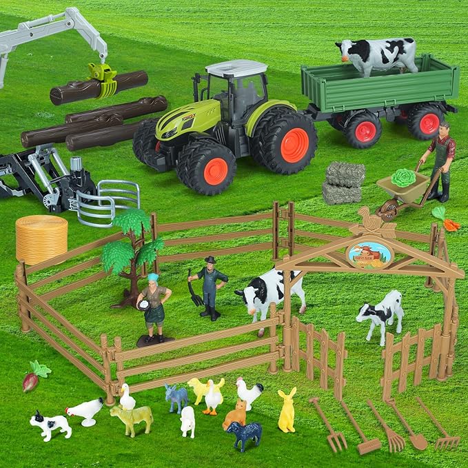 46Pcs Farm Toys, Tractor Toy w/Lights &amp; Sound, Farm Animals Toys for 3 4 5 6 7 8+ Year Old Toddler Girls Boys Kid, Figures Farmer Vehicle Truck Fence Farm Playset Educational Learning Toys