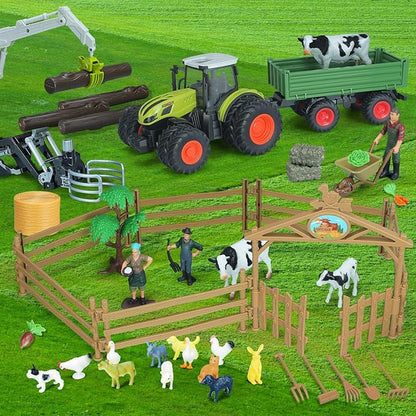 46Pcs Farm Toys, Tractor Toy w/Lights &amp; Sound, Farm Animals Toys for 3 4 5 6 7 8+ Year Old Toddler Girls Boys Kid, Figures Farmer Vehicle Truck Fence Farm Playset Educational Learning Toys