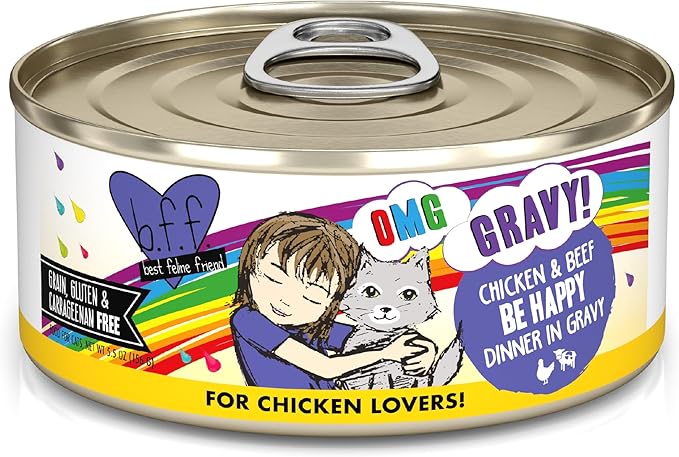 Weruva B.F.F. OMG - Best Feline Friend Oh My Gravy!, Chicken &amp; Beef Be Happy with Chicken &amp; Beef in Gravy, 5.5oz Can (Pack of 8)