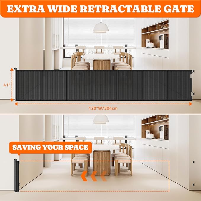 Pawtners Retractable Baby Gates Extra Wide, 41" Tall Extends up to 120" Wide, Dog Gate Indoor for Stairs, Pet Gate with Support Rods for Doorways Hallways Indoor &amp; Outdoor-Black