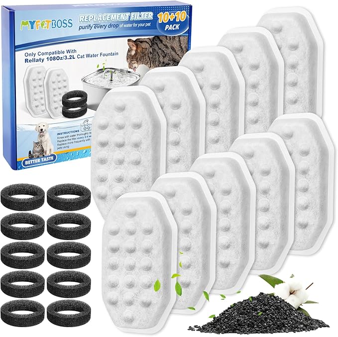 Cat Fountain Filter Replacement, Cat Water Fountain Filters Compatible with Rellaty &amp; Fit for Neareal 3.2L/108oz Fountains, 10PCS Replacement Filters with 10PCS Sponge 10+10 Pack