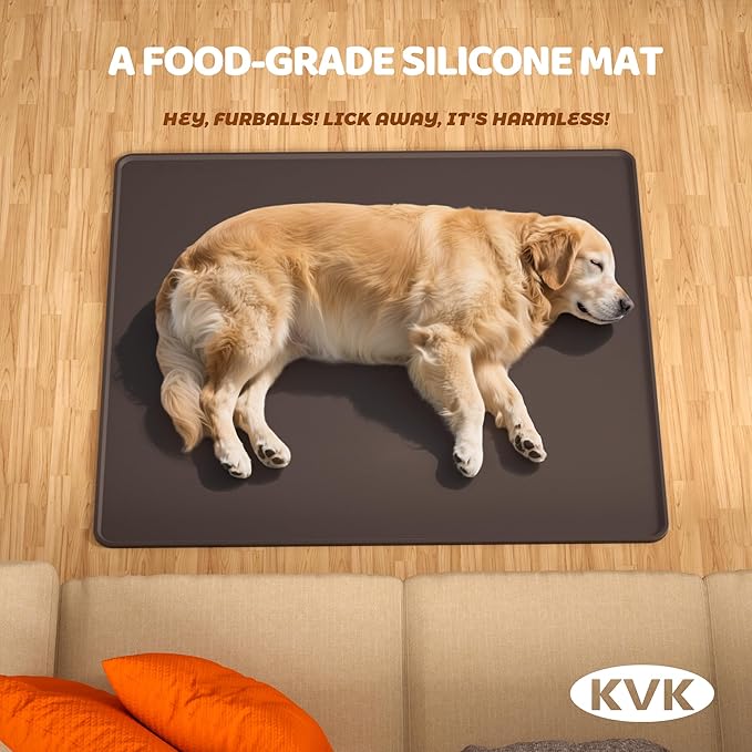 KVK Extra Extra Large Silicone Dog Food Mat 39.4×43.3in and 128oz Silicone Bag Set, Super Size Waterproof Pet Feeding Mat &amp; Container, Non-Slip, Chew-Resistant Floor Protection (Dark Grey&amp;Clear)