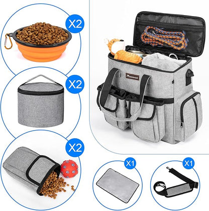 Airline Approved Dog Travel Bag with 2 Dog Treat Training Pouches, Tote Organizer for Weekend Pet Travel Supplies &amp; Accessories, 2 Collapsible Bowls, 2 Food Container (Grey)
