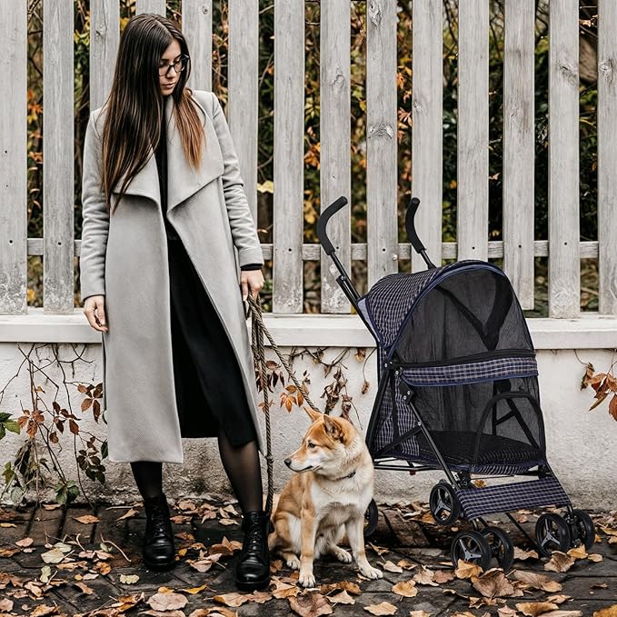 MoNiBloom 4 Wheels Pet Stroller, Easy-Fold Umbrella Shaped Dog Cat Jogger Stroller w/Storage Bag &amp; Visible Mesh for Small/Medium Dogs Cats Plaid