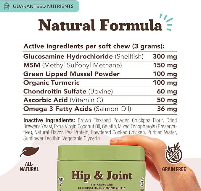 Natural Dog Company Hip &amp; Joint Chews for Dogs with Glucosamine for Dogs + Chondroitin, MSM &amp; Turmeric, Supports Mobility &amp; Reduces Discomfort, Stiffness, Natural Pain Relief Joint Supplement. 180 Ct