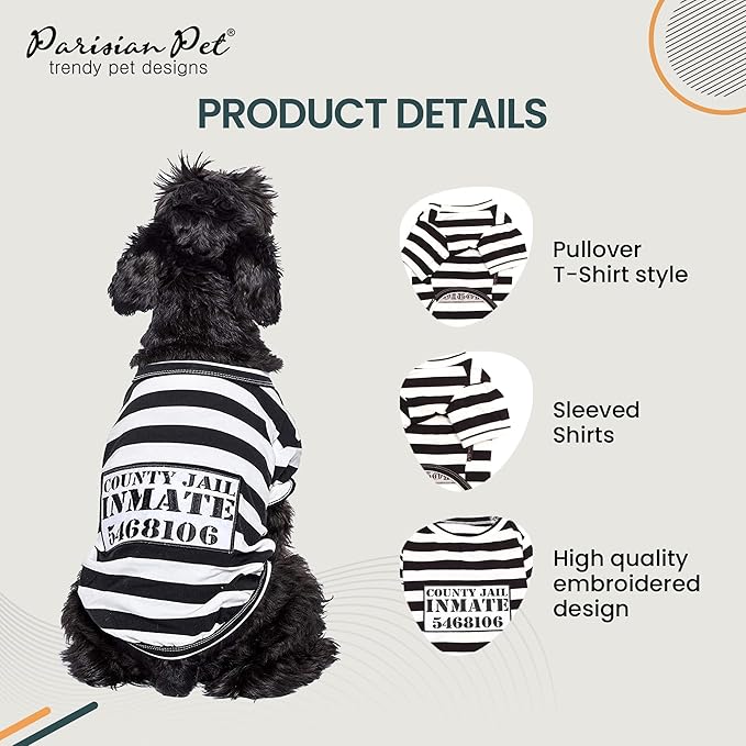 Parisian Pet XL Dog Shirt - Lightweight, Sleeved Black &amp; White Stripes for Large Dogs - 100% Cotton &amp; Polyester - Prisoner Dog Costume