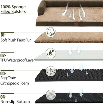 Orthopedic Dog Beds for Large Dogs, Waterproof Dog Beds, Egg-Crate Foam Dogs Couch Beds, Comfy Bolster Pet Bed with Removable Washable Cover, Nonskid Bottom (Large,Brown)
