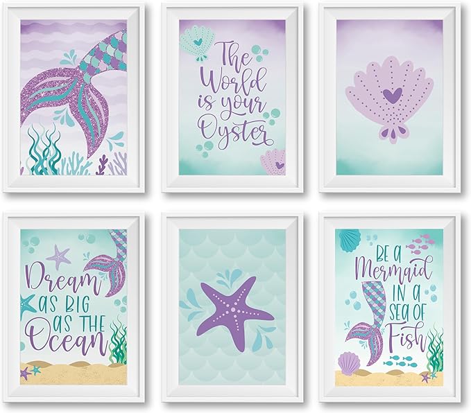 Hadley Designs 6 Mermaid Wall Decor – Reversible Magical Mermaid Wall Art for Nursery &amp; Bathroom, Under the Sea Unframed Ocean-Themed Room Decor Prints for Girls&