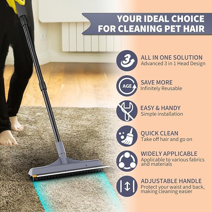 3 in 1 Carpet rake Kit for Pet Hair Removal Tool - Reusable Pet Hair Remover Broom w 58" Adjustable Long Handle, Dog &amp; Cat Carpet Scraper, Pet Hair Remover for Rugs, Mats, Couch, Curtains(Gray)
